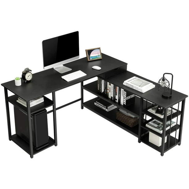naspaluro L-Shaped Computer Desk 62.2 Corner Desk with Storage Shelves Writing Study Table for Home Office Modern Simple Style Dark Game Table 